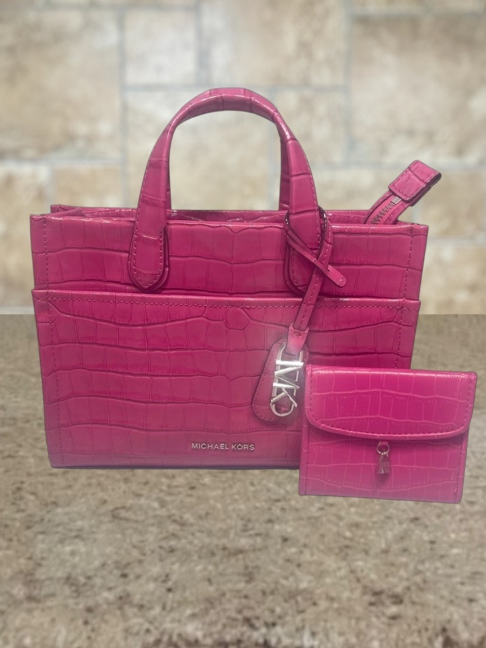 Michael Kors Gigi Medium  Croc-Embossed Satchel Messenger Bag Cerise Pink